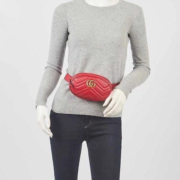 Gucci Red Quilted Leather GG Marmont Waist Belt Bag - Picture 2 of 11